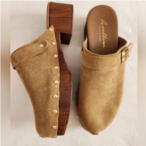 Avellini Made in Italy Suede And Wood Women's Camel Suede Clogs NEW